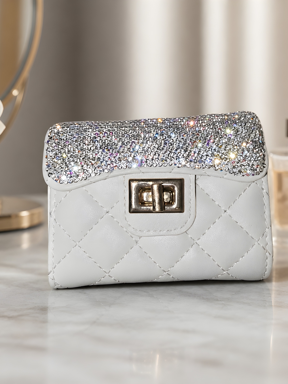 Elegant White Quilted Crystal-Trim Wallet - Women's Bag